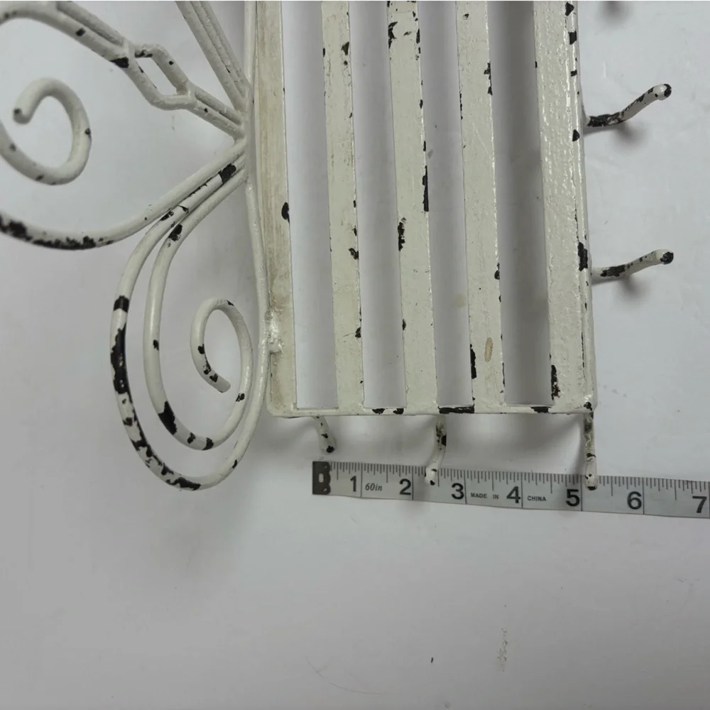 Vintage White Metal Wall Shelf With Cup Hooks